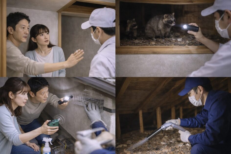 屋根裏の動物を追い出す方法は「安全確保→当たり→追い出し→封鎖→清掃」