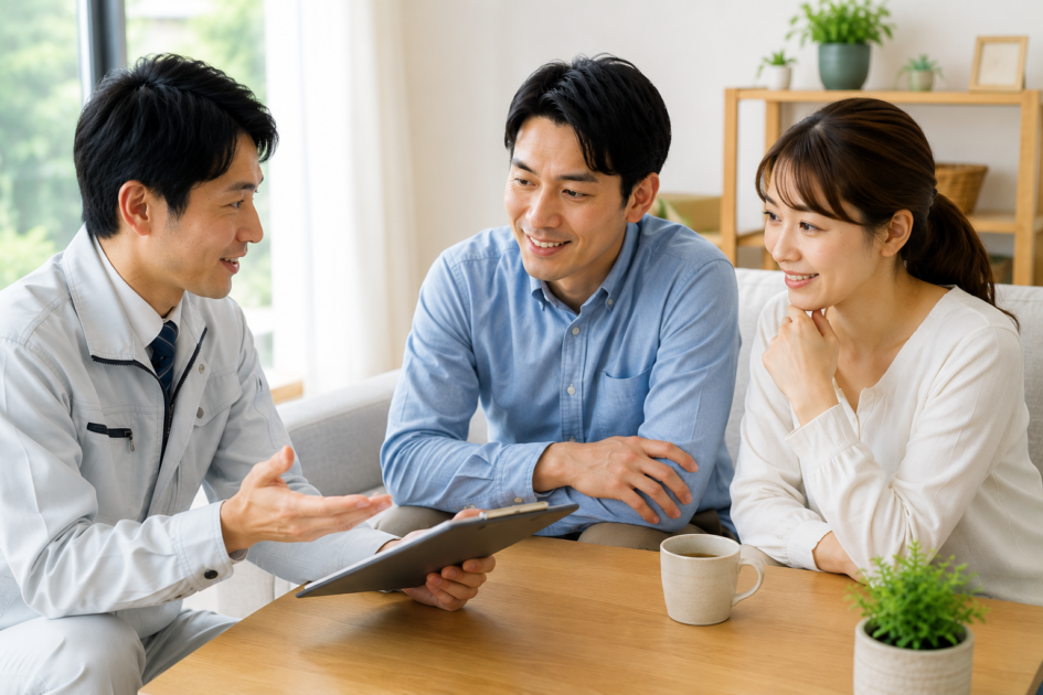 害虫駆除110番を利用するメリットについて担当者から説明を受ける夫婦