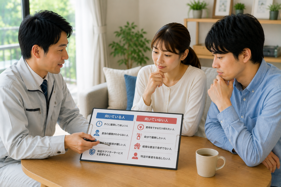 害虫駆除110番が向いている人と向いていない人の違いを確認する様子