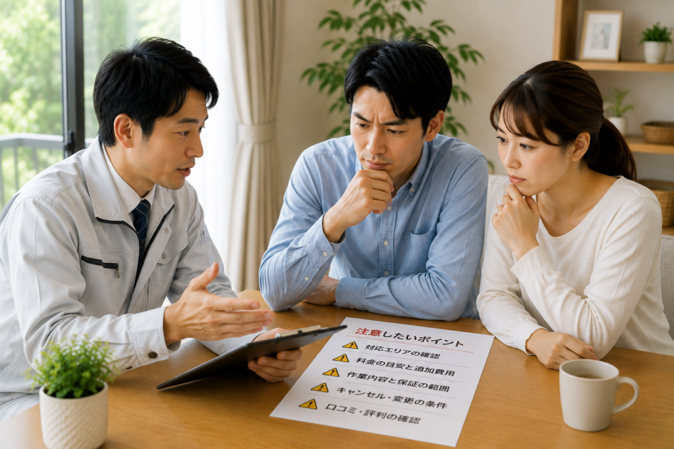 害虫駆除110番のデメリットや依頼前の注意点を担当者に確認する夫婦