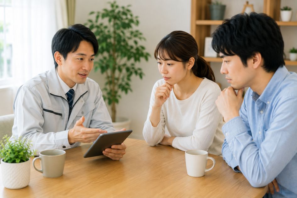 害虫駆除サービスの仕組みについて担当者から説明を受ける夫婦