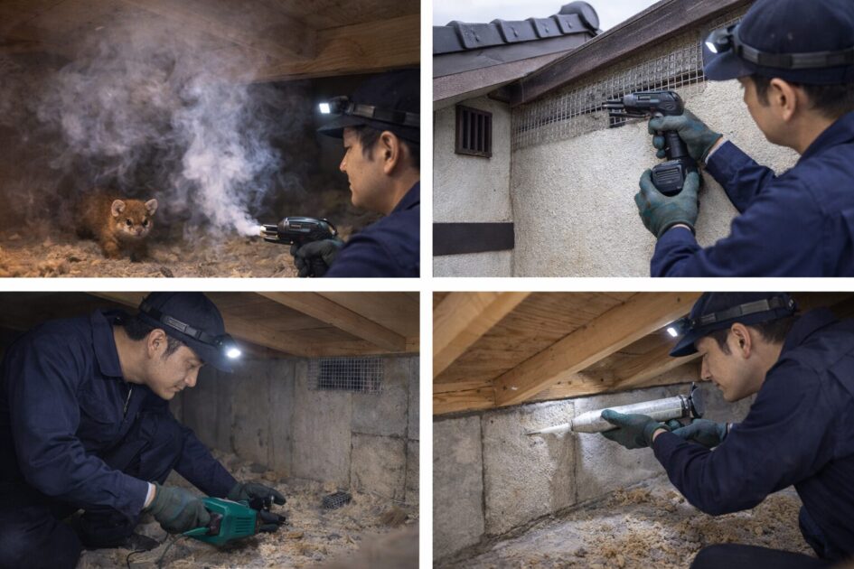 天井裏イタチ駆除の流れ（概要）｜追い出し→侵入口封鎖→清掃→再発予防