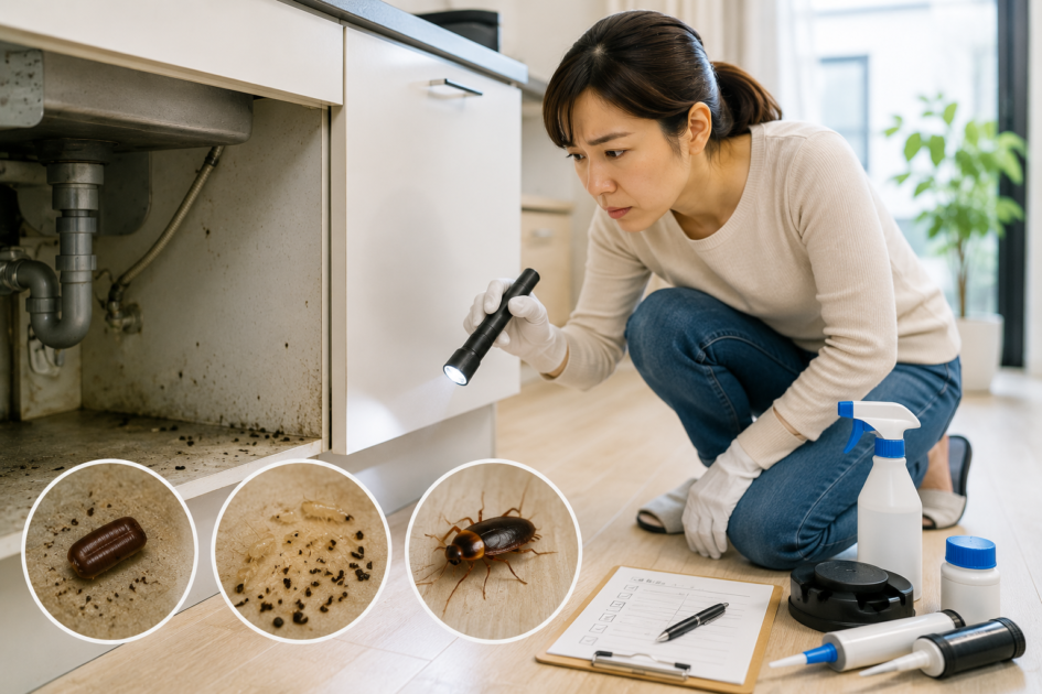 ゴキブリの卵や幼虫を見つけ、繰り返し発生する原因を確認して対策範囲を広げる女性