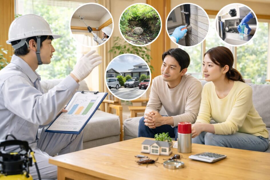 見積が上がる5条件｜高所／巣・発生源／再発予防施工／清掃消毒／再訪問・保証