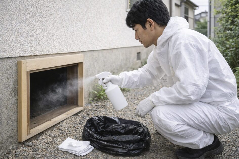 フン尿清掃と消毒｜アライグマ駆除後の片付け手順（素手NG）