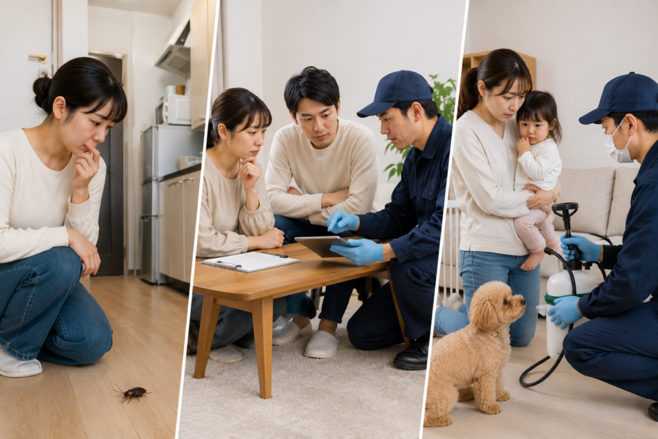 一人暮らし・賃貸住宅・子どもやペットがいる家庭で、ゴキブリ駆除の即日対応を検討する様子