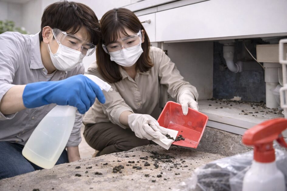 フン・尿の清掃と消毒|舞わせない・素手NGの基本