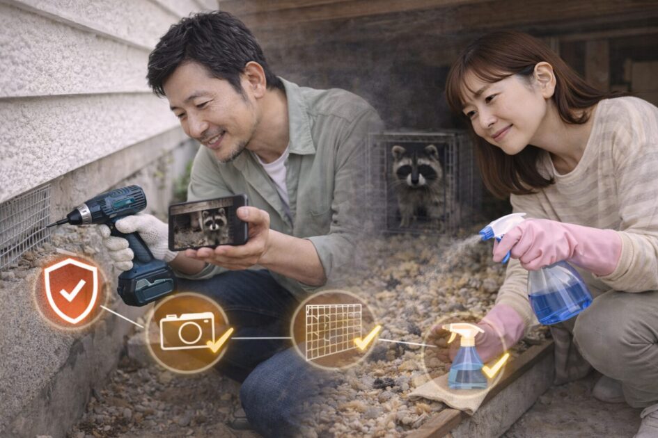 アライグマ駆除方法は「安全確保→記録→追い出し→封鎖→清掃」で決める