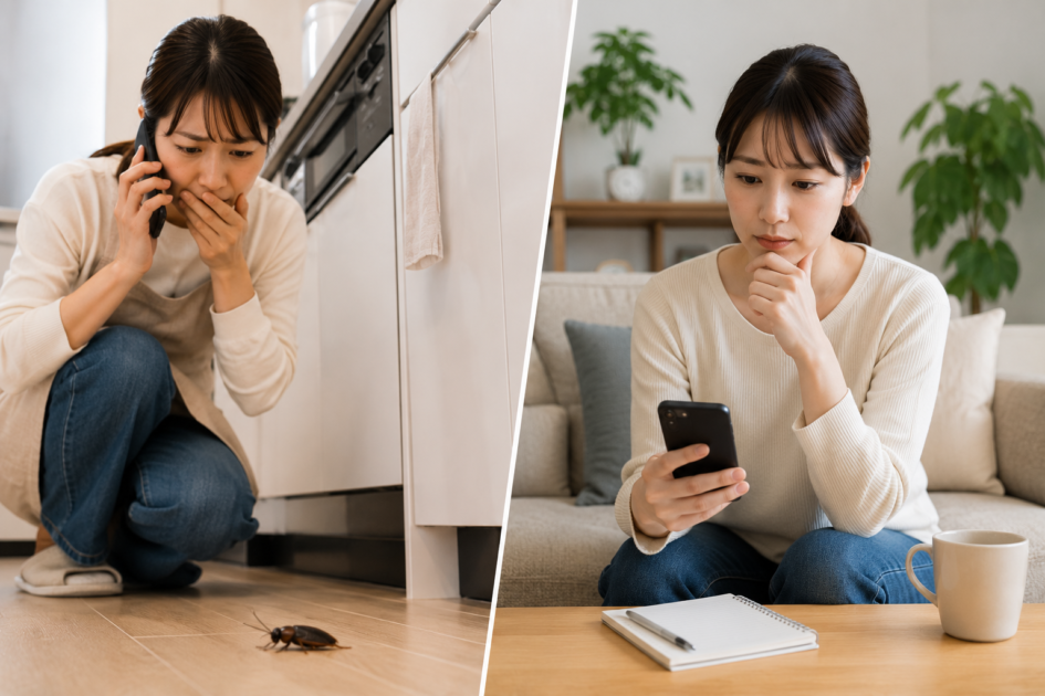 ゴキブリ発生時に即日で業者へ相談するケースと、翌日でも対応を検討できるケースを比較する女性