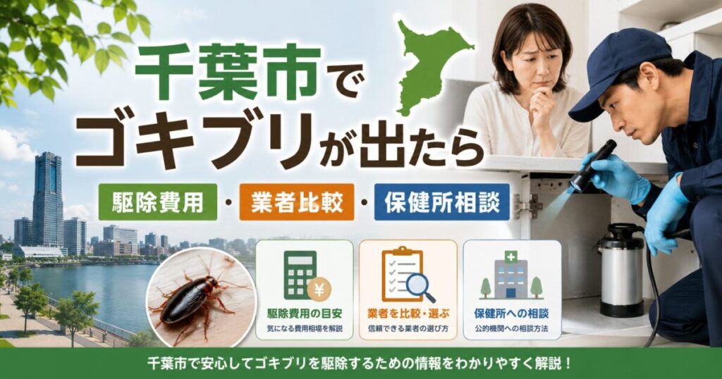 千葉市でゴキブリが発生した際の駆除費用、業者比較、保健所相談を紹介するアイキャッチ画像