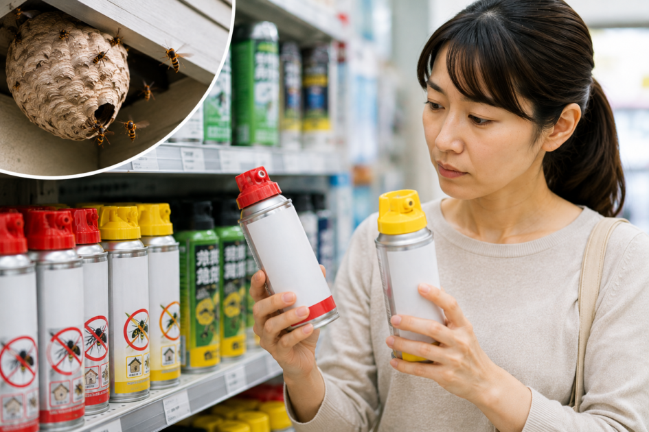 スズメバチ駆除スプレーを比較しながら、用途に合った製品を選ぶ女性とスズメバチの巣