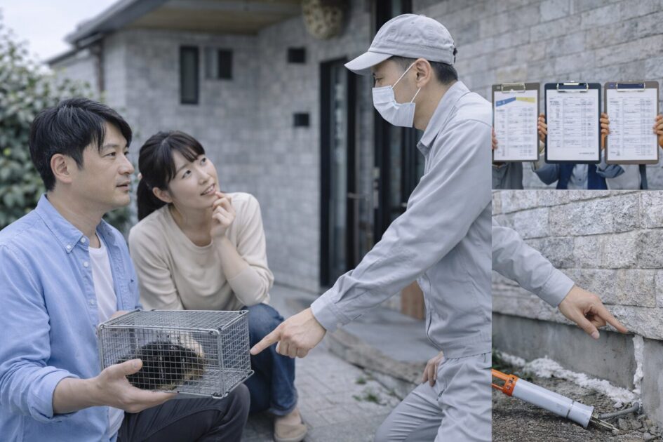 ネズミ駆除に迷ったら「初動×封鎖×比較」で進める,single symbolic scene,one continuous scene,no split panels,no collage,photorealistic,DSLR photo,50mm lens,shallow depth of field,subject tack sharp,soft natural background blur,real Japanese residential house exterior,realistic Japanese people,homeowner discussing extermination with pest control technician near house eaves where a hornet nest is implied,bright neutral natural daylight,balanced exposure,slightly lifted brightness (+0.3EV feel),neutral daylight white balance,natural skin tones,reduce magenta and red cast,moderate saturation,soft natural contrast,preserve highlight detail,soft highlight roll-off,avoid blown highlights,avoid washed-out whites,lift shadows slightly,realistic shadow depth (no crushed blacks),high clarity but natural texture,gentle micro-contrast,consistent color grading,NO text,NO logos,NO signage,NO boards,NO papers,NO screens,NO UI icons,NO illustrations,1200×630px,webp recommended,Japanese people only,consider SEO and vary characters (age/number/roles),change camera angle and action from previous images in this thread,avoid repeating composition,no identifiable brands or trademarked product designs,portrait rights attention,hornet context implied naturally.ネズミ.