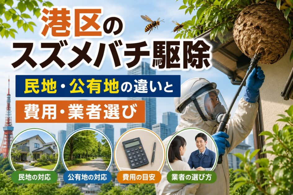 港区でスズメバチ駆除を検討する人へ、民地・公有地の違いや費用、業者選びを紹介するアイキャッチ画像