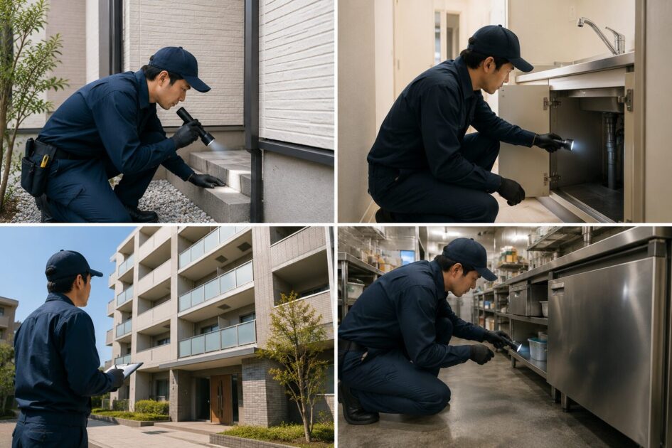 横浜市の戸建て・賃貸・マンション・店舗で異なるゴキブリ駆除の進め方を確認する様子