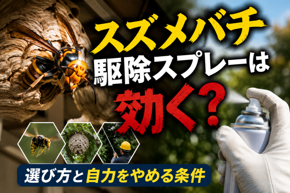 スズメバチ駆除スプレーの効果や選び方、自力での駆除をやめる判断基準を紹介するアイキャッチ画像