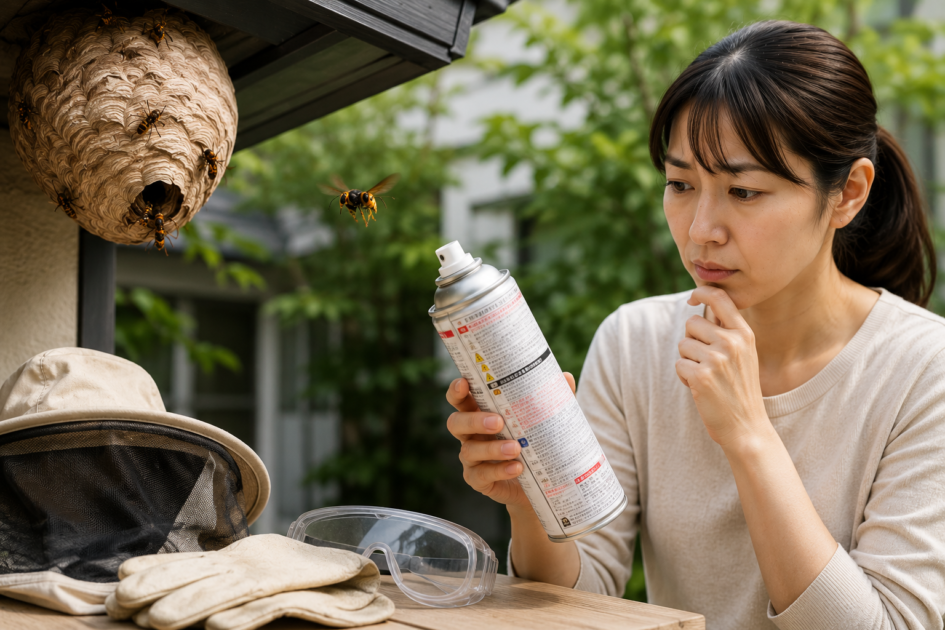 スズメバチ駆除スプレーの製品ラベルを確認し、自力で駆除を続けるべきか判断する女性