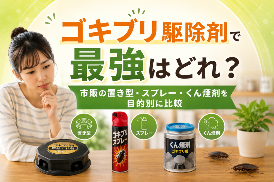 ゴキブリ駆除剤の置き型・スプレー・くん煙剤を目的別に比較するイメージ