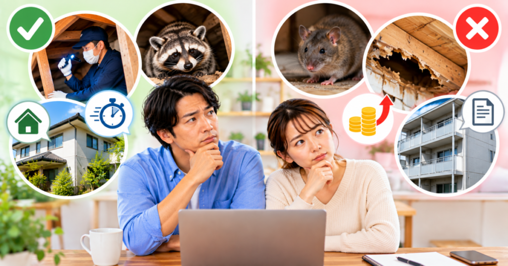 害獣駆除110番が向いている人・向かない人の条件を、被害状況や依頼条件から比較する様子