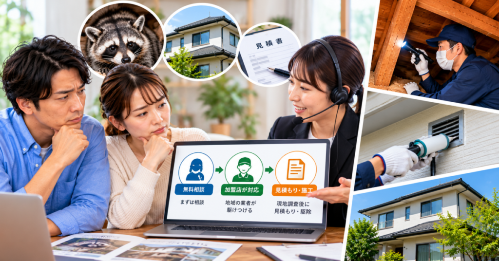 害獣駆除110番のサービスの仕組みや、相談から加盟店による見積もり・施工までの流れを確認する夫婦