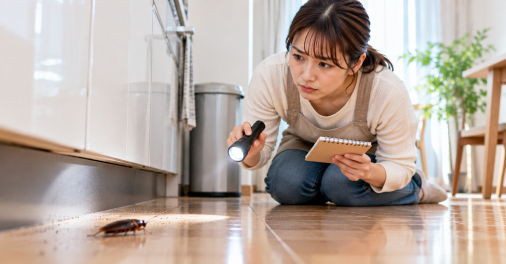 ゴキブリを1匹見た後の発生状況を確認し、自力対応か業者相談かを判断する女性
