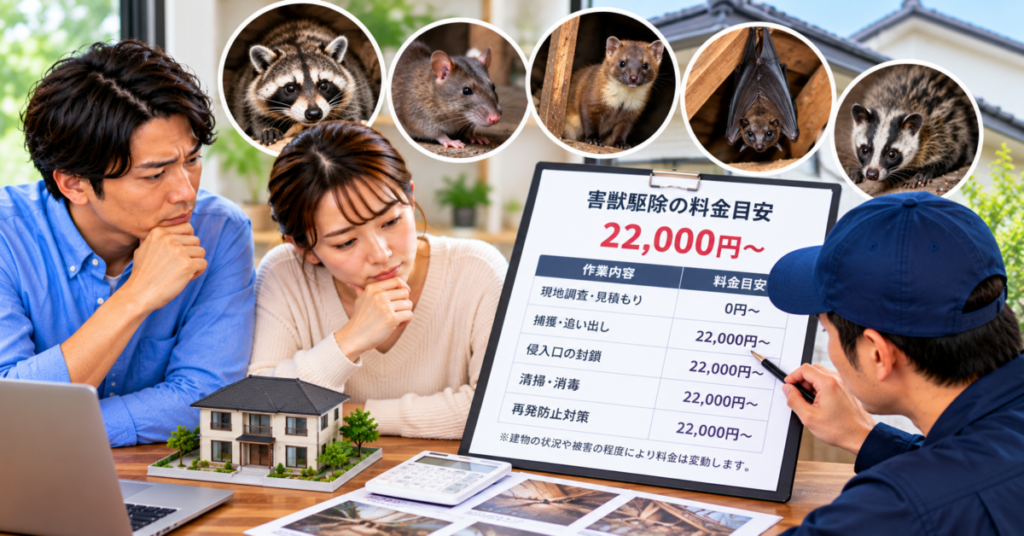 害獣駆除110番の22,000円～という料金表示と、見積もりで確認する施工内容を比較する様子