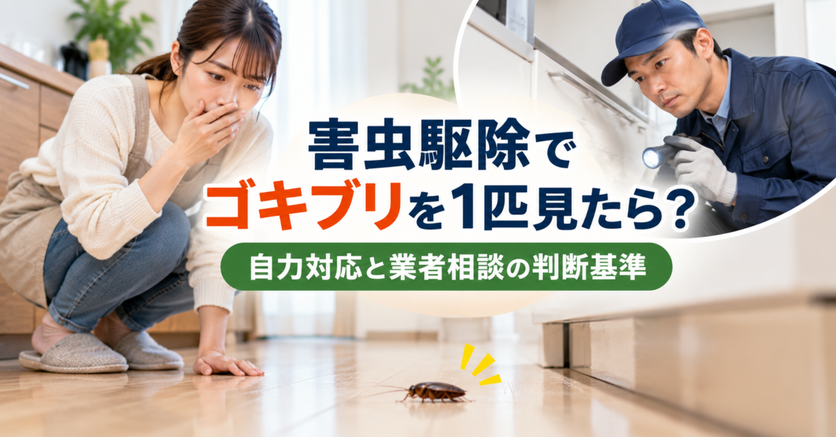 ゴキブリを1匹見つけた際の自力対応と業者相談の判断基準を解説するアイキャッチ