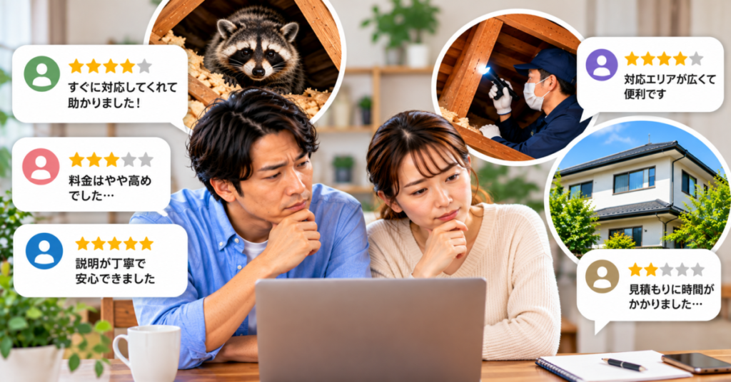害獣駆除110番の口コミや評判について、公式と第三者の声を確認する夫婦