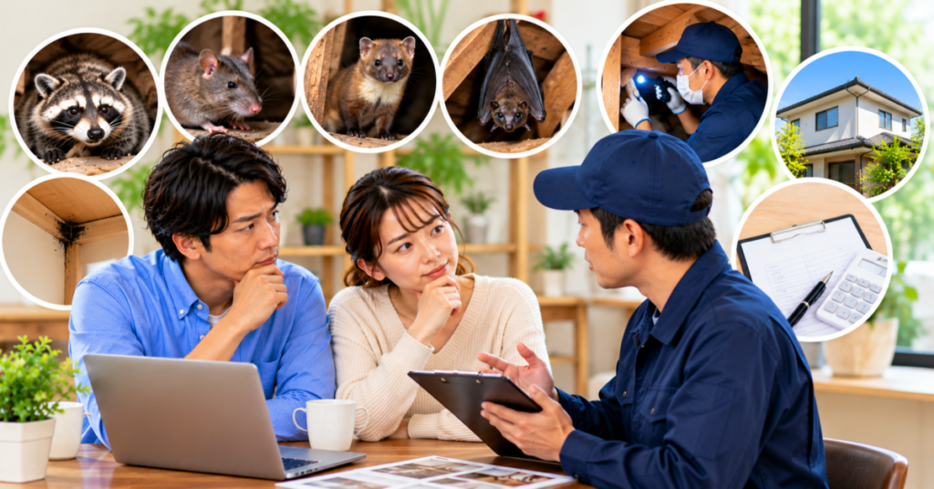 害獣駆除110番の対応害獣や料金、相談・見積もり、賃貸での依頼や再発保証について確認する夫婦