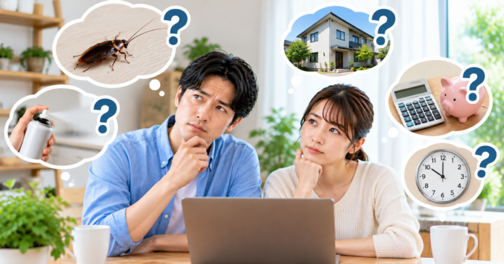 ゴキブリを1匹見つけた際の自力対策や費用、業者相談などの疑問を確認する夫婦