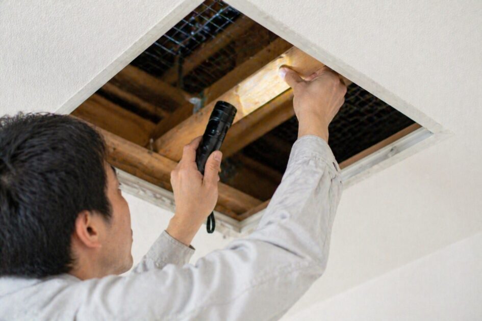 コウモリ駆除で火災保険に迷ったら「保険会社確認×見積分解×比較」で進める,photorealistic,ultra detailed,ultra sharp,HDR,Japanese residential setting,Japanese people,natural candid,pest control context,clean environment,DSLR 50mm,shallow depth of field,close-up shot,subject tack sharp focus on technician hands and tools,background softly blurred,bright natural daylight,neutral color,no warm cast,wide horizontal,asymmetrical composition,foreground depth,NO text,NO logos,NO UI,single real scene,action implies meaning