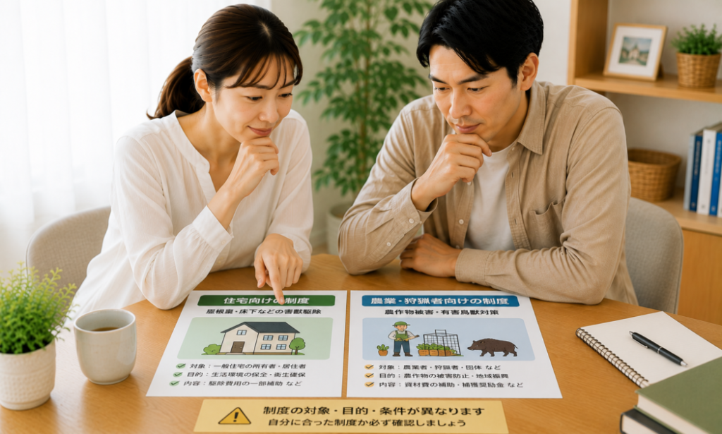 住宅向けと農業・狩猟者向けの害獣対策制度の違いを確認する夫婦