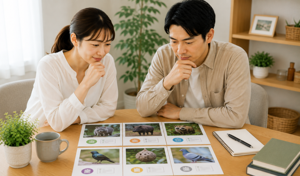 害獣の種類ごとに補助金や助成金の探し方を確認する夫婦