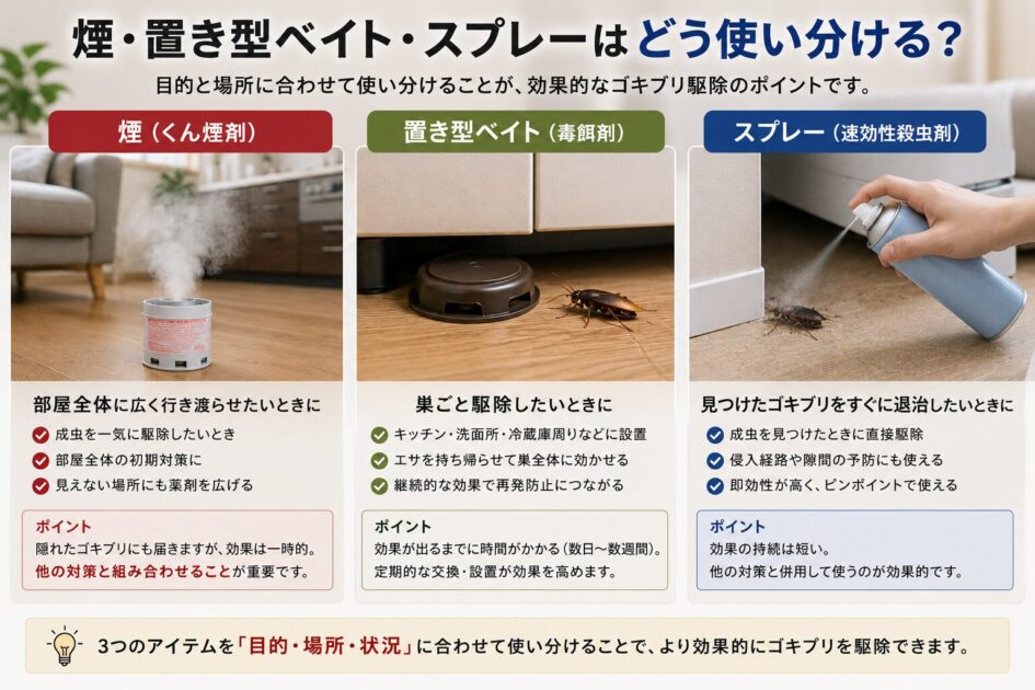 煙・置き型ベイト・スプレーはどう使い分ける?
