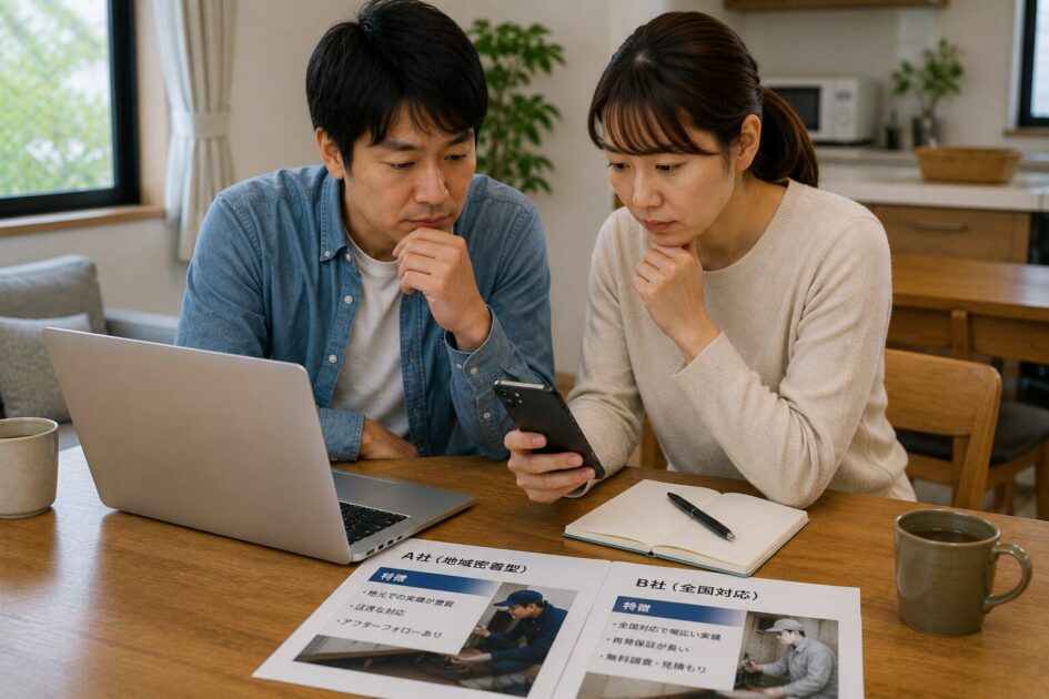 八王子でネズミ駆除の相談先を比較するため、2つの候補を確認しながら依頼先を検討している夫婦の様子