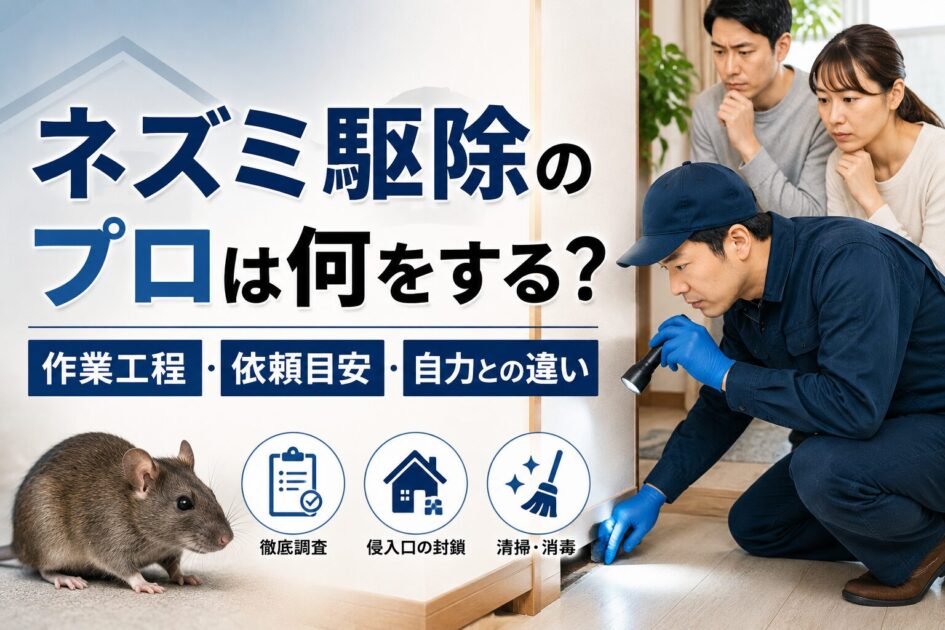ネズミ駆除業者が住宅を調査し、作業工程や自力との違いを住人が確認しているアイキャッチ画像