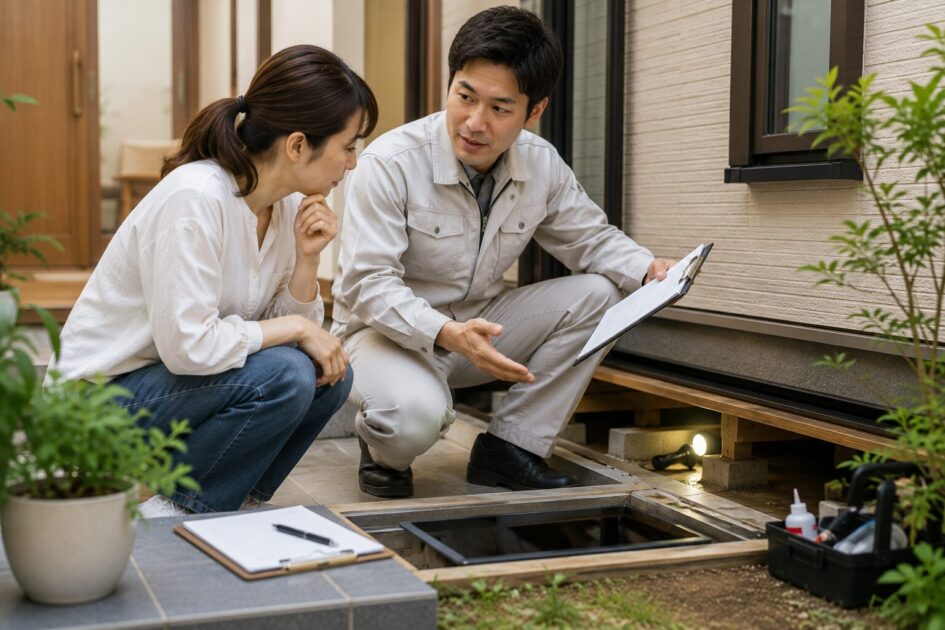 シロアリの無料床下診断から施工完了までの流れを確認する住人と作業員