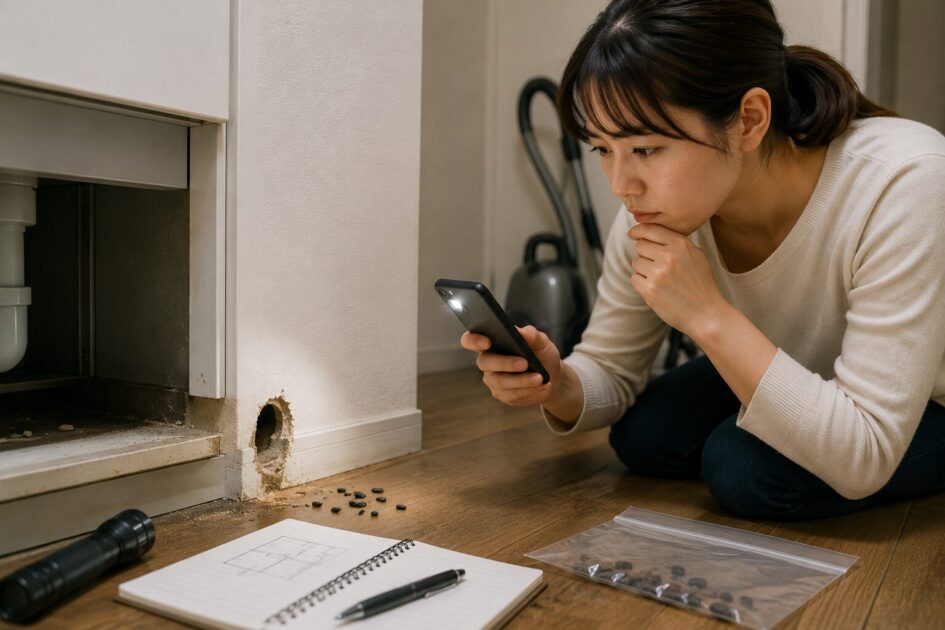 音やネズミのふん、侵入した場所の痕跡を確認しながら、住宅内でネズミの種類を絞り込む住人の様子