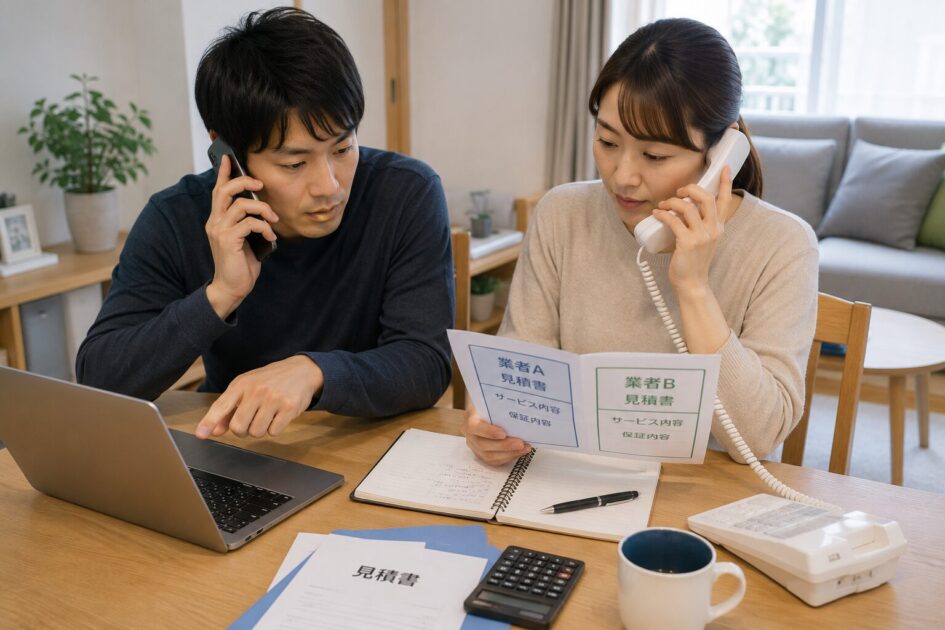 水戸で害虫駆除の相談先2候補を比較し、見積もりや保証内容を確認する夫婦