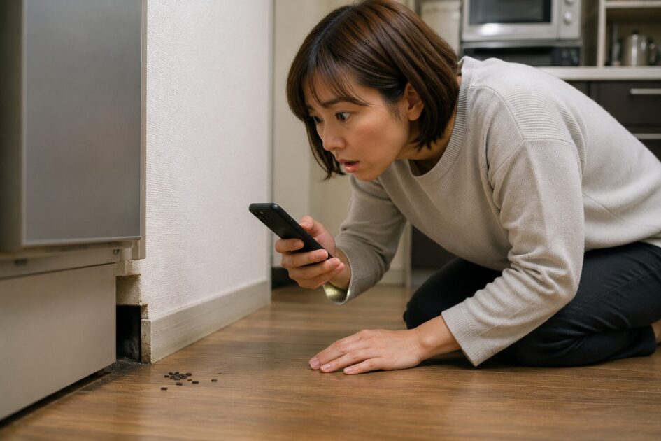 八王子の住宅でネズミのふんを見つけ、スマートフォンで発生場所を記録する初動対応の様子
