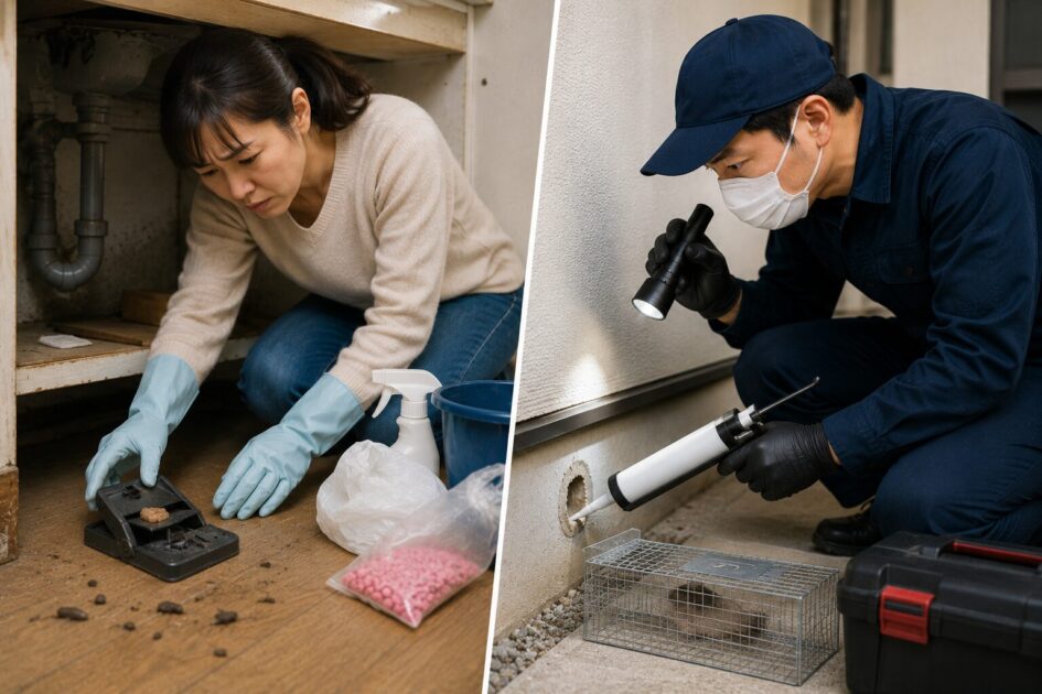 自力のネズミ駆除とプロの調査・封鎖作業の違いを比較するイメージ