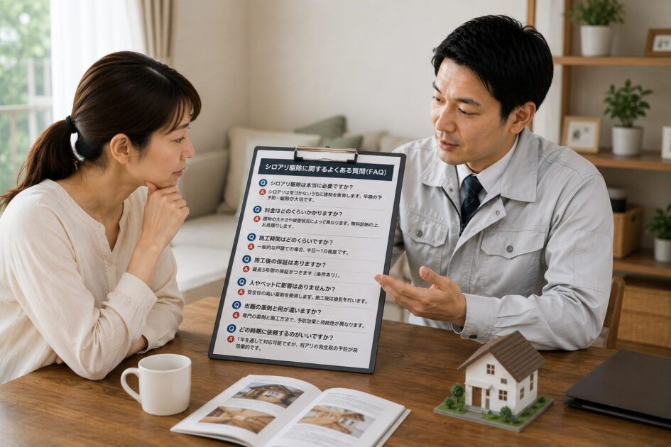 コメリのシロアリ駆除に関する疑問を相談し、説明を受ける住人と作業員