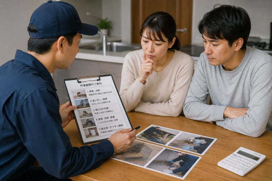 プロのネズミ駆除で作業範囲を確認し、費用の違いを相談する夫婦