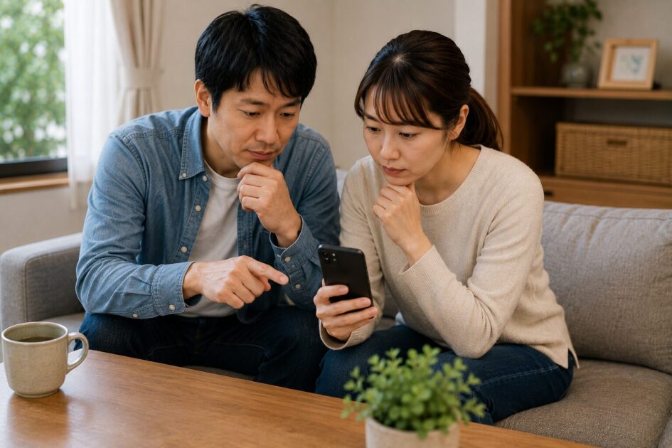 八王子のネズミ駆除に関するよくある質問を確認しながら、スマートフォンで対策や相談先について情報収集する夫婦の様子