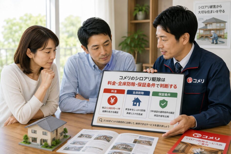 シロアリ駆除の料金や全床防除、保証条件を比較し、依頼先を検討する住人と作業員