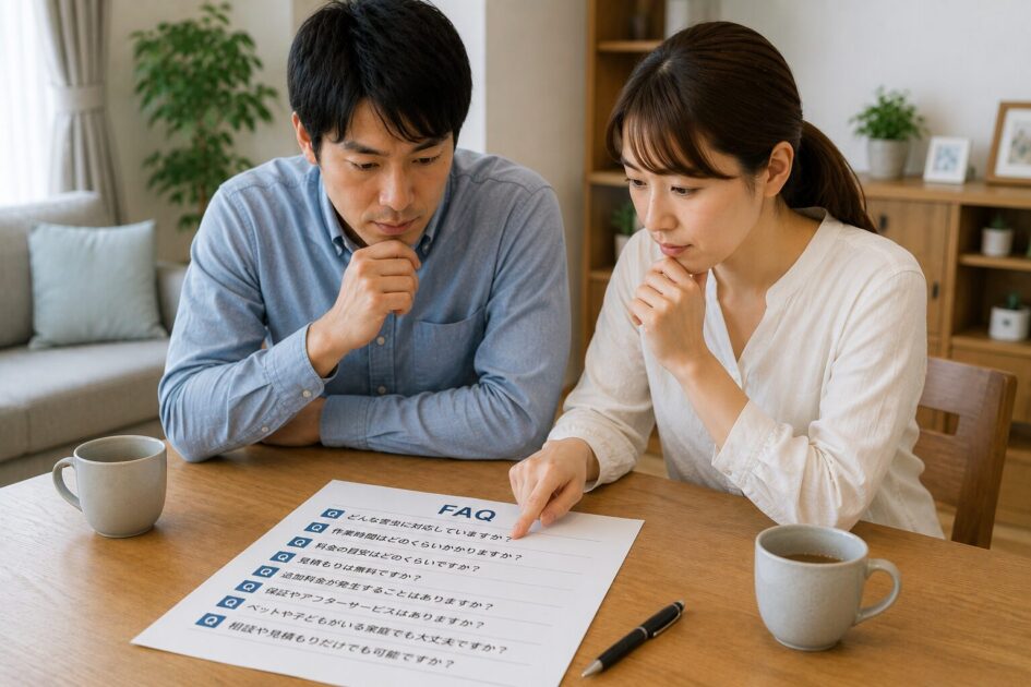 水戸の害虫駆除に関するよくある質問を確認し、費用や保証について検討する夫婦