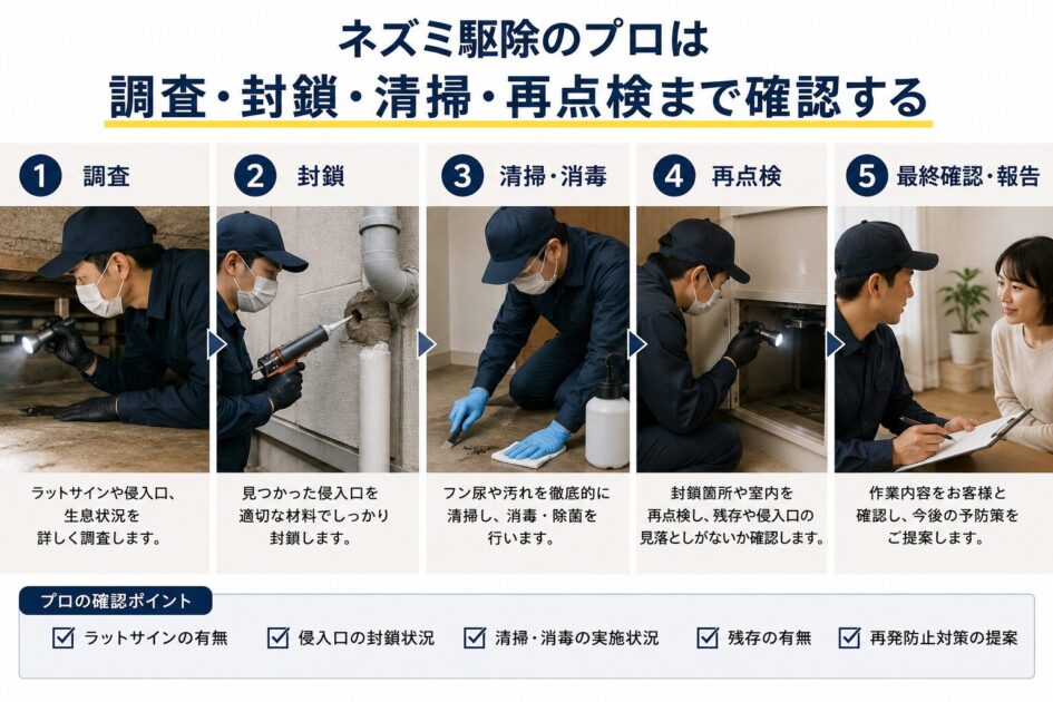 プロがネズミ駆除の調査から封鎖、清掃、再点検まで対応する様子