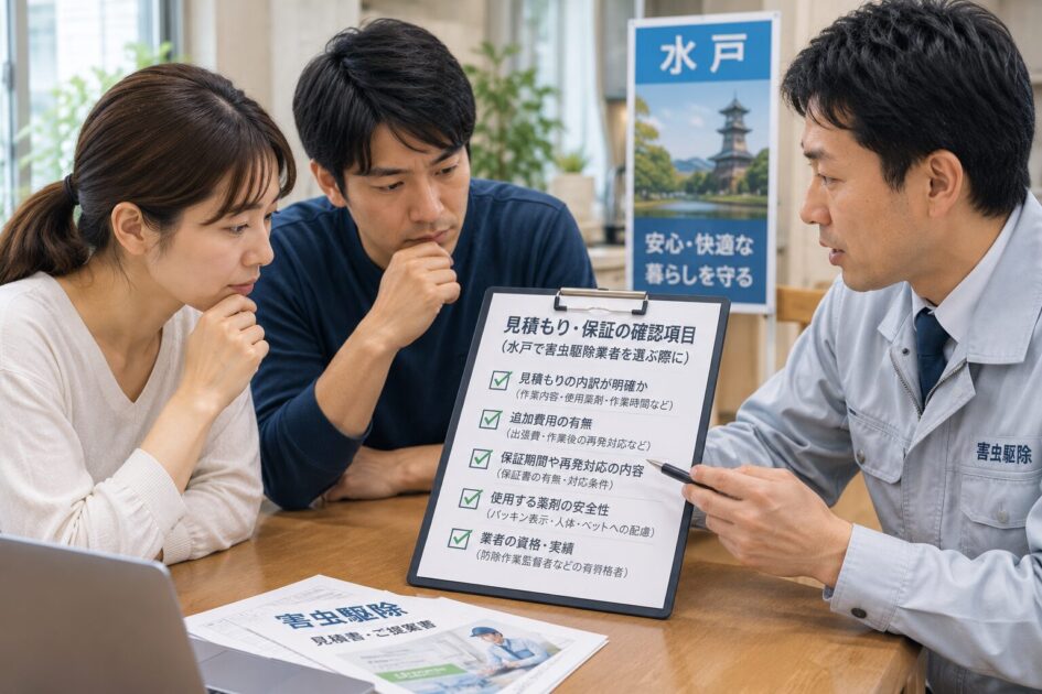 水戸で害虫駆除業者を選ぶため、見積もり内容や保証条件を確認する夫婦と作業員