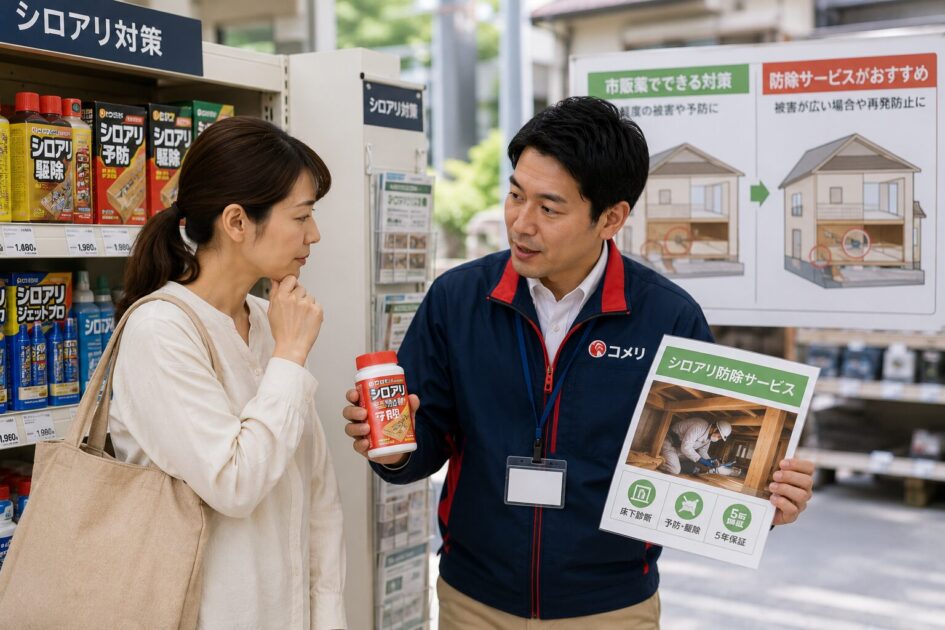 コメリの市販薬とシロアリ防除サービスの使い分けを相談する住人と店員