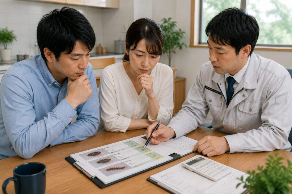 水戸で害虫の種類や管理区分、税込総額を確認し、駆除方法を判断する夫婦と作業員