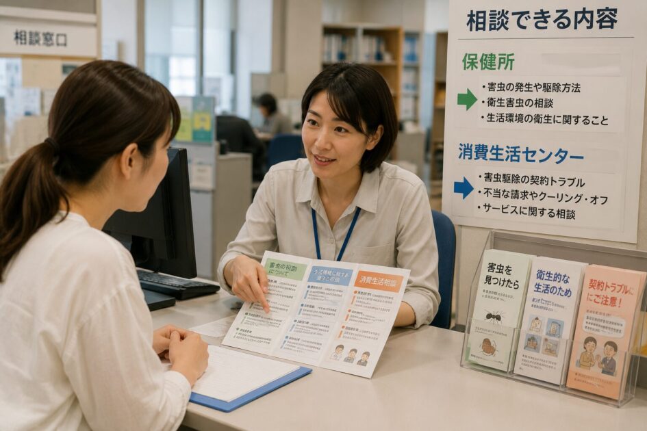 水戸市保健所や消費生活センターで害虫被害や契約に関する相談をする住人と相談員の様子